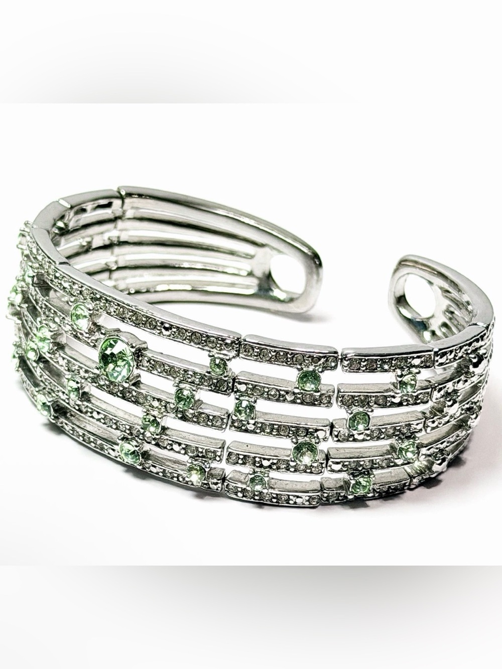 Monet Silver Tone Green Rhinestone Bracelet Wide Cuff Pave❗️1 Stone Missing - Picture 6 of 7